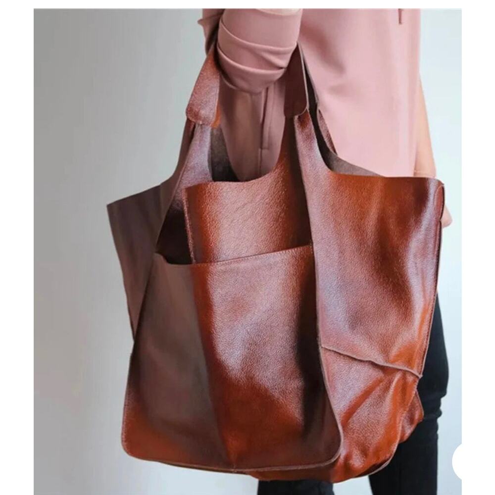 NWOT Large Chocolate Brown Faux Leather Shoulder Bag - Picture 2 of 10
